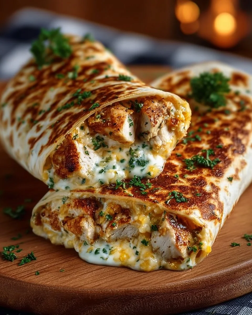 Delicious cheesy chicken wrap with melted cheese and grilled chicken