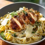 Delicious Chicken Alfredo served with garnishes on a plate