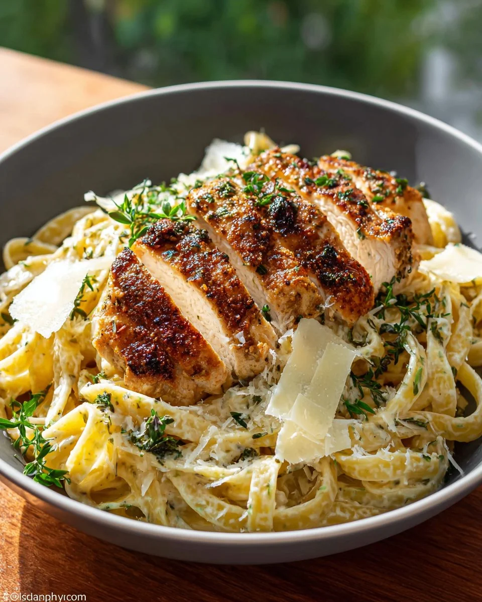 Delicious Chicken Alfredo served with garnishes on a plate