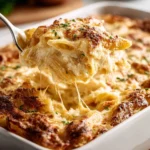 Delicious Chicken Alfredo Bake topped with melted cheese and fresh herbs.