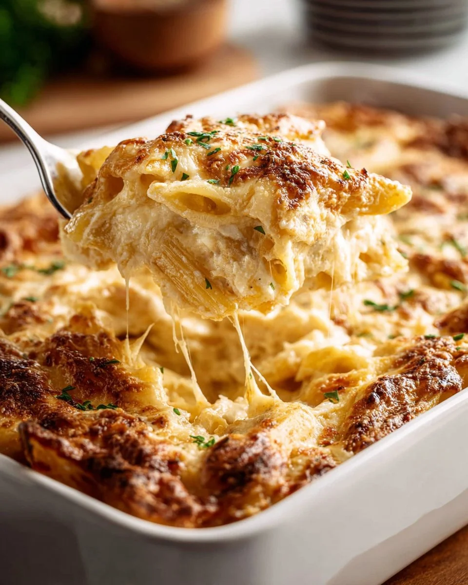 Delicious Chicken Alfredo Bake topped with melted cheese and fresh herbs.
