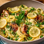 Delicious Chicken and Lemon Pasta garnished with herbs