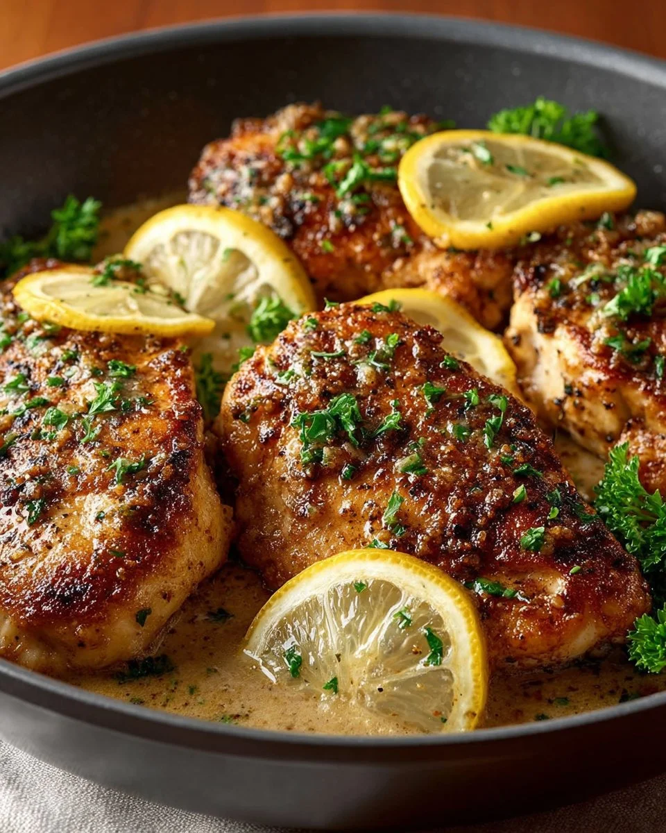 Plate of Chicken Francese with lemon and herbs, showcasing a delicious Italian dish.