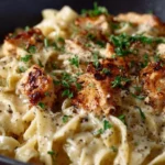 Bowl of Chicken Garlic Parmesan Pasta garnished with parsley and parmesan cheese