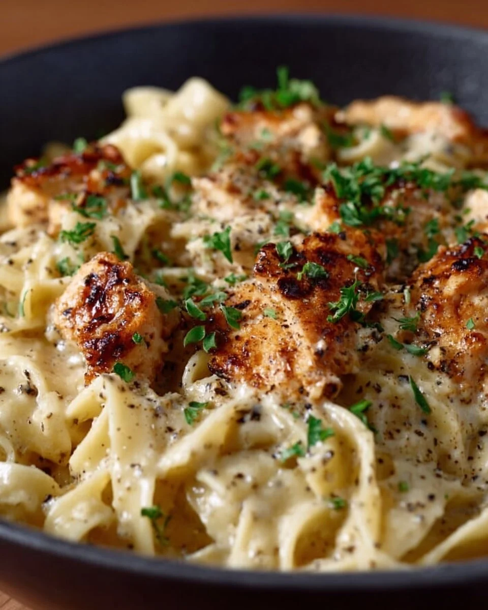 Bowl of Chicken Garlic Parmesan Pasta garnished with parsley and parmesan cheese