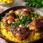 Plate of Chicken Mandi with yellow rice and spices, a traditional Yemeni dish.