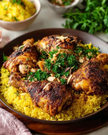 Plate of Chicken Mandi with yellow rice and spices, a traditional Yemeni dish.