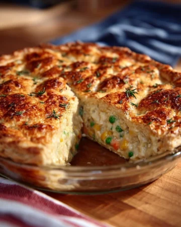 Delicious Chicken Pot Pie with Herb and Cheddar Crust served in a dish