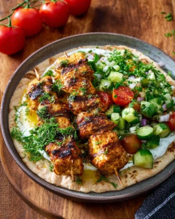 Delicious homemade Chicken Shawarma served with fresh vegetables and sauces.