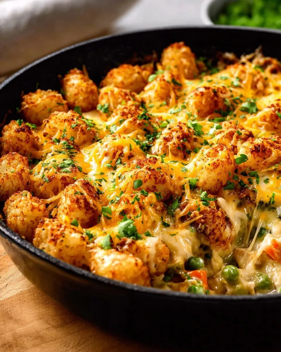 Baked Chicken Tater Tot Casserole with golden tater tots on top