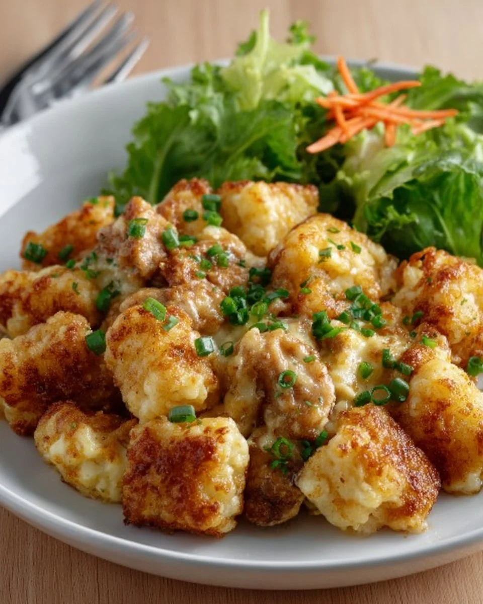 Delicious Chicken Tater Tot Casserole with crispy tater tots and shredded chicken