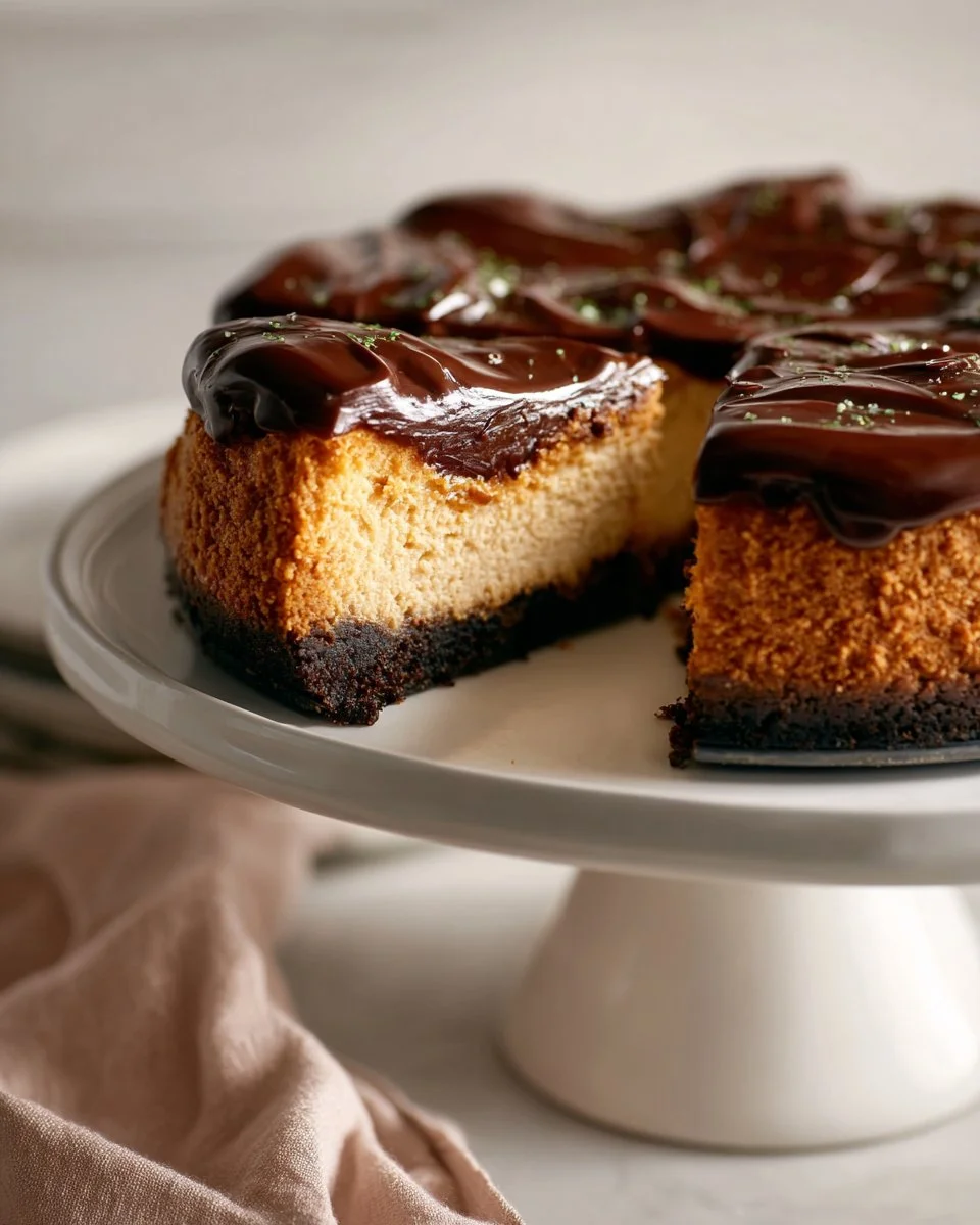 Delicious Chocolate Pumpkin Cheesecake topped with chocolate drizzle and pumpkin spice.