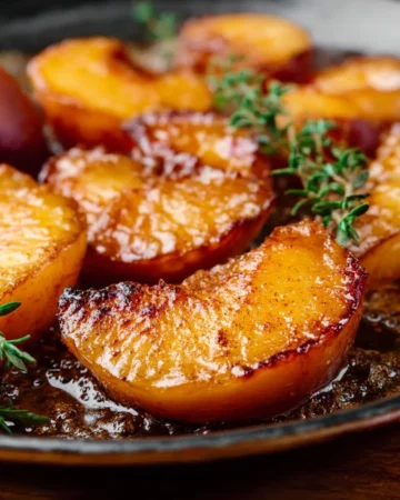 Cinnamon sugar roasted peaches served on a plate