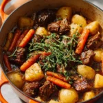 Bowl of classic beef stew with carrots and potatoes.