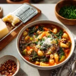 Bowl of classic Italian minestrone soup with vegetables and pasta