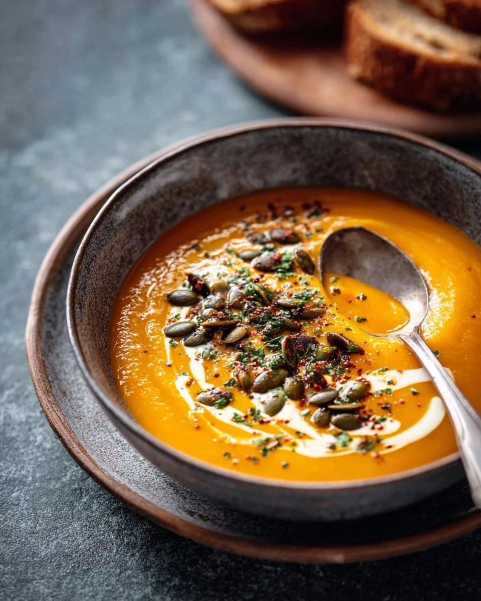 Bowl of creamy butternut squash soup garnished with herbs