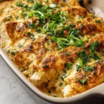 Creamy chicken enchiladas served with cheese and garnished with cilantro