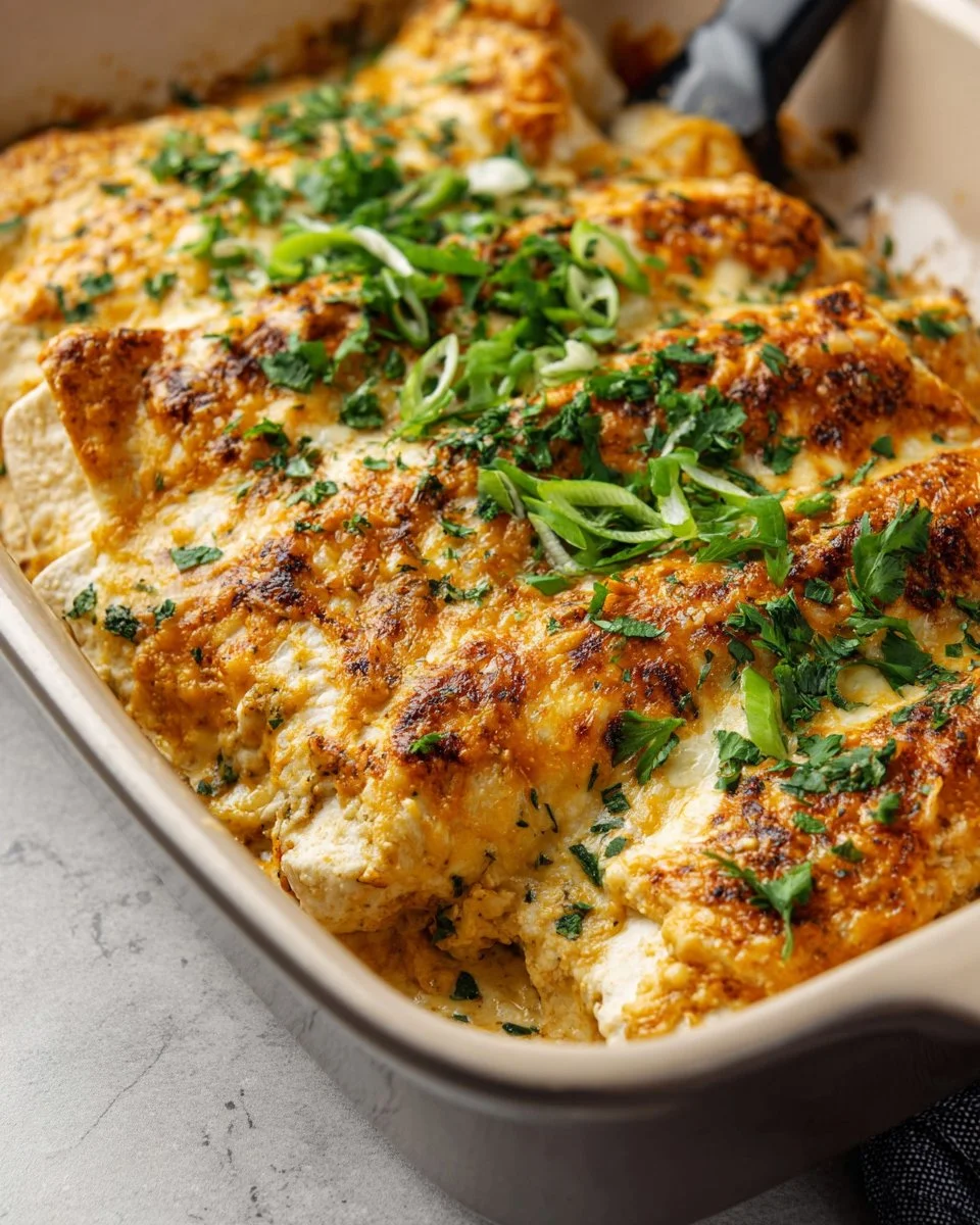 Creamy chicken enchiladas served with cheese and garnished with cilantro