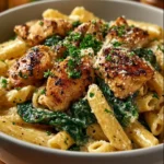 Creamy garlic parmesan chicken pasta served in a bowl with fresh parsley garnish