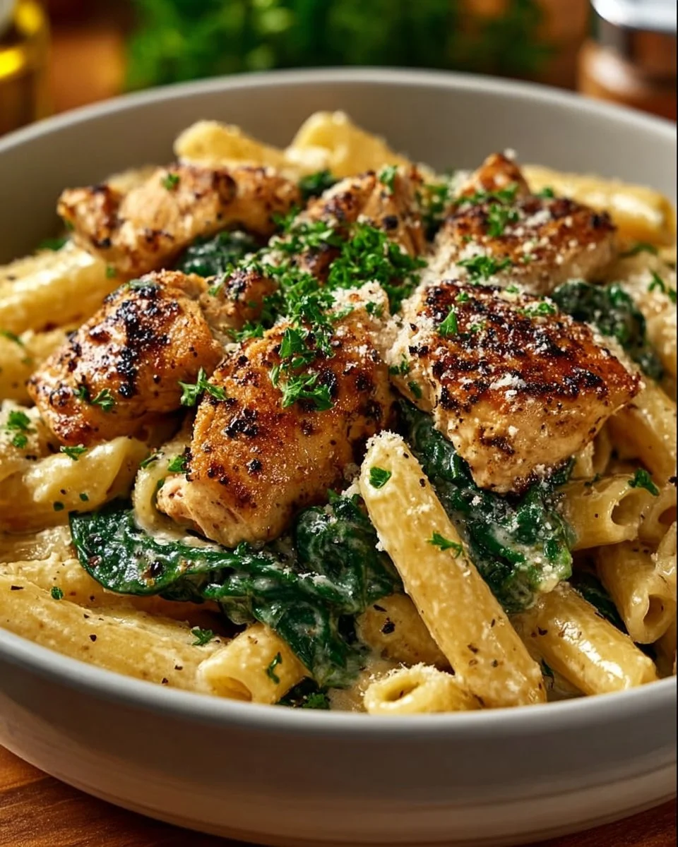 Creamy garlic parmesan chicken pasta served in a bowl with fresh parsley garnish