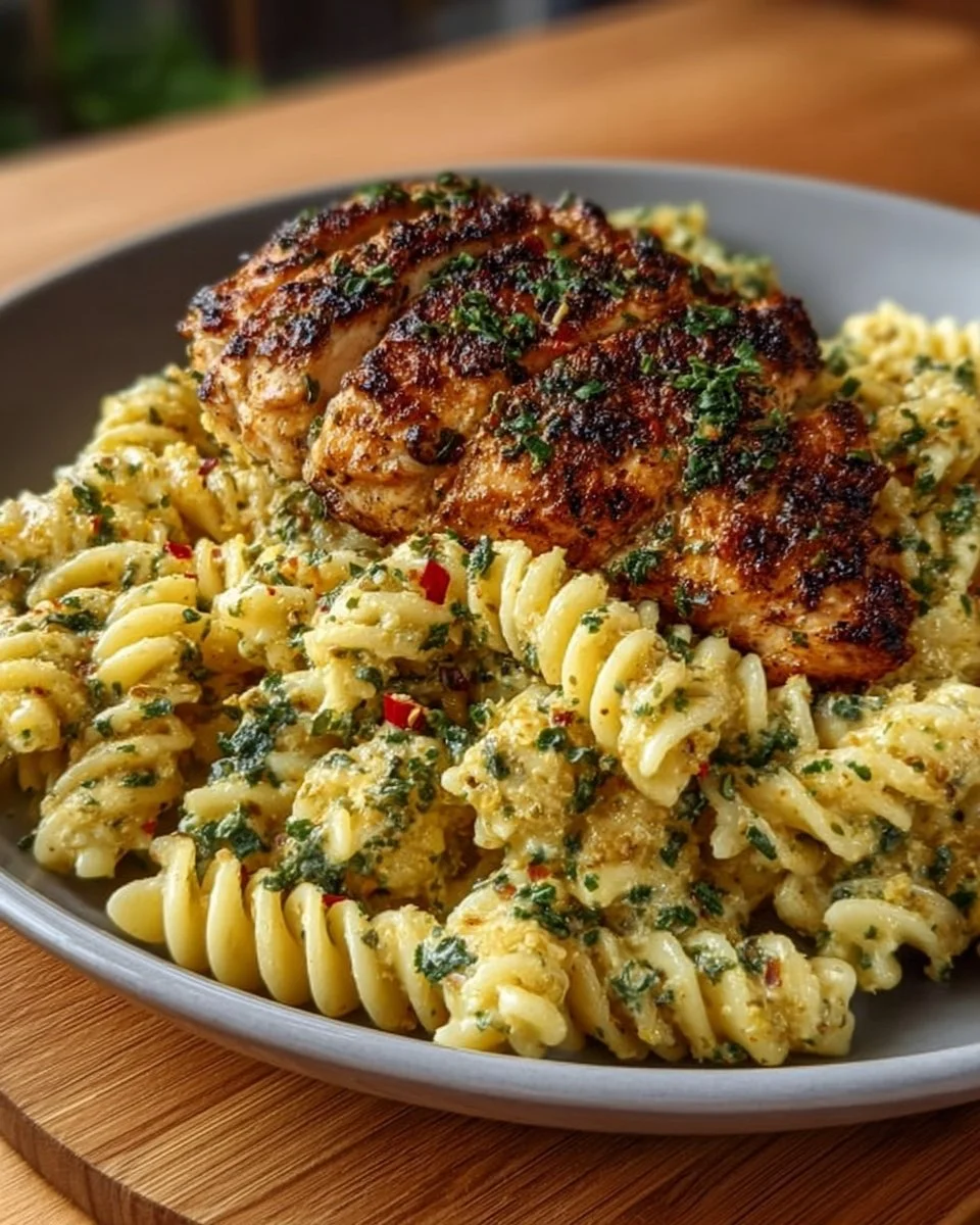 Creamy garlic parmesan chicken pasta dish with herbs and cheese