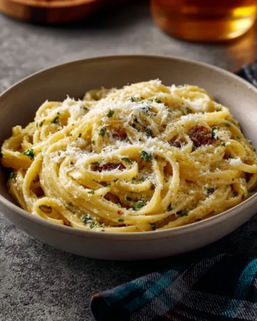 Delicious creamy garlic pasta served in a bowl, garnished with herbs.
