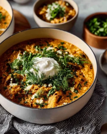 Delicious creamy Hungarian mushroom soup served in a bowl, garnished with fresh herbs.