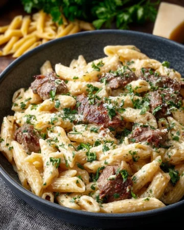 Creamy Italian Beef Pasta Bake topped with cheese and herbs in a baking dish.