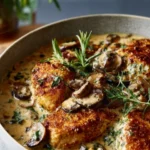 Creamy Mushroom Chicken with rich sauce and tender chicken pieces on a plate