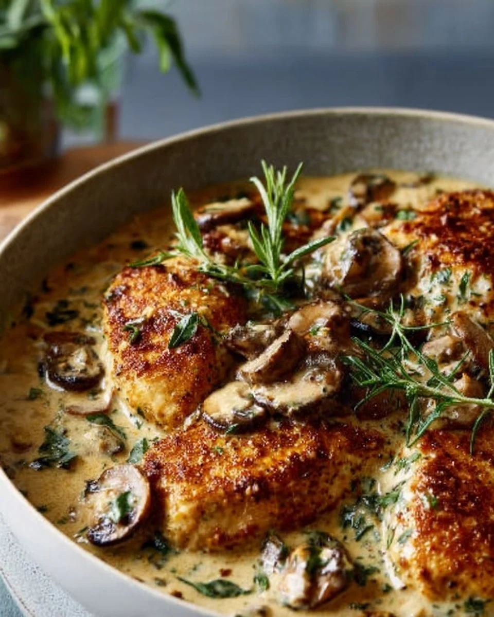 Creamy Mushroom Chicken with rich sauce and tender chicken pieces on a plate
