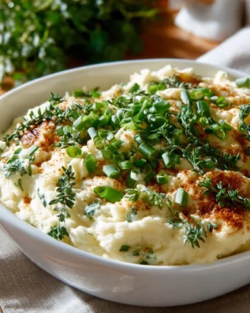 Creamy whipped feta served on a dish with mashed cauliflower mash