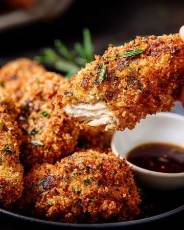 Crispy panko-breaded baked chicken tenders served on a plate.