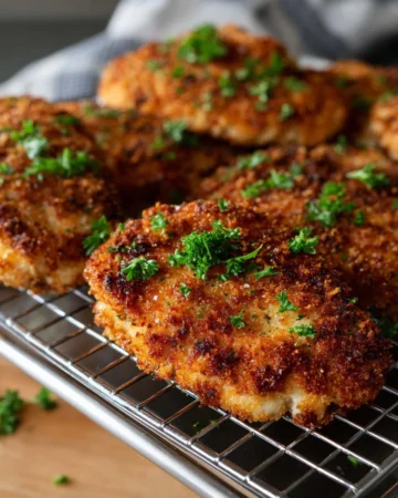 Crispy panko crusted chicken breasts plated with fresh herbs and lemon.