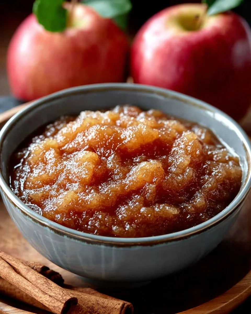 Crockpot cinnamon applesauce in a bowl garnished with cinnamon sticks.