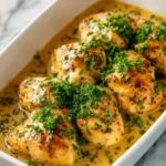 Baked honey mustard chicken garnished with herbs and served on a plate.