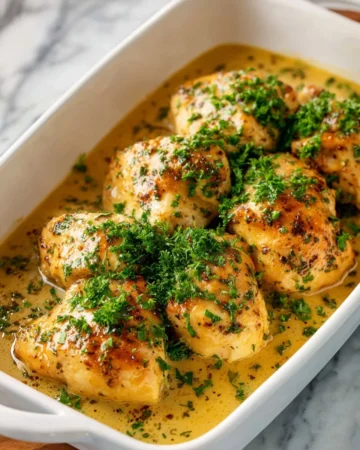 Baked honey mustard chicken garnished with herbs and served on a plate.