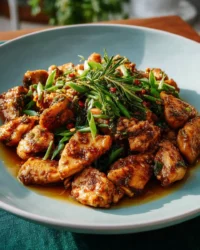 Delicious easy chili garlic chicken served with rice and vegetables