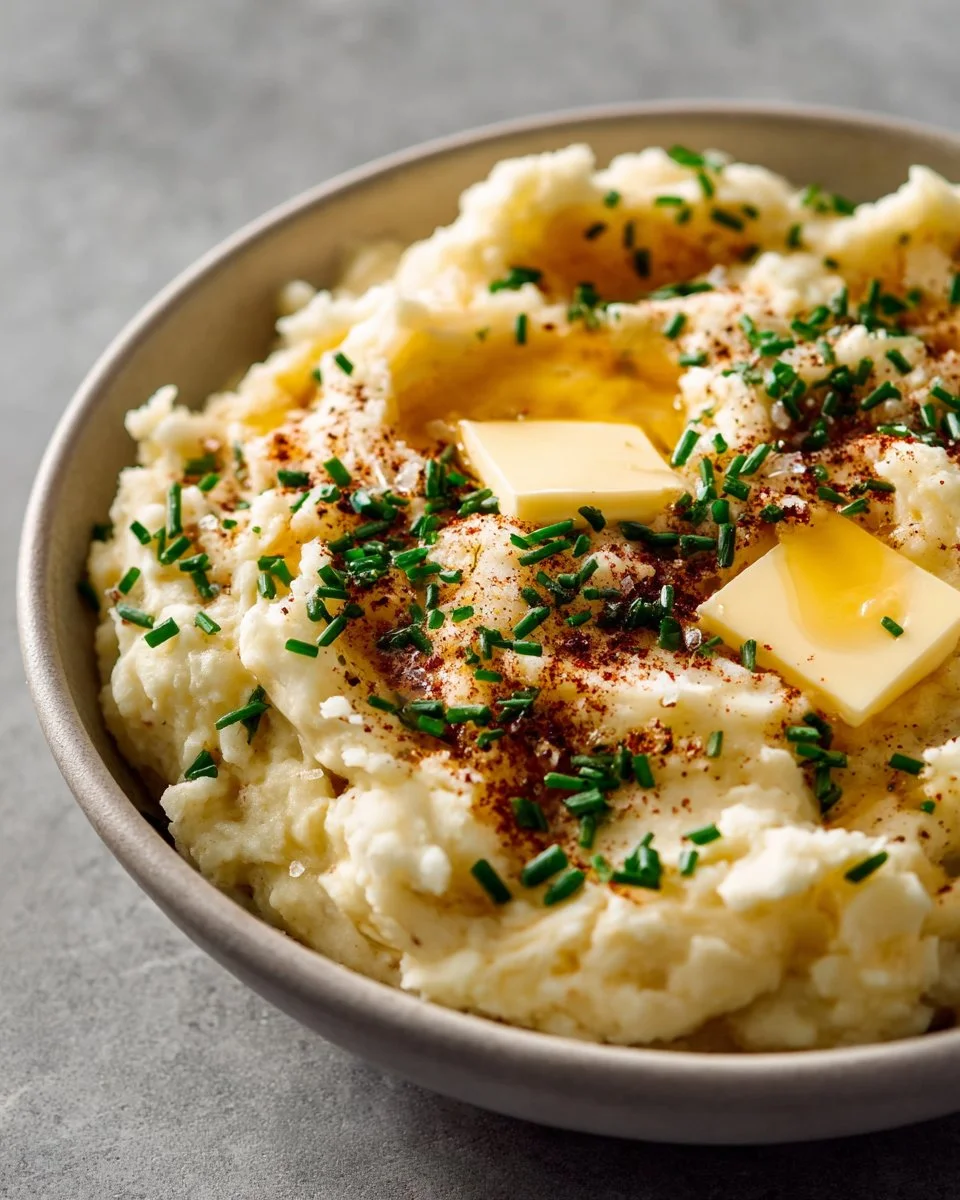 Bowl of creamy easy garlic mashed potatoes topped with fresh herbs
