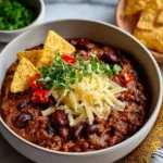 Bowl of easy homemade chili topped with cheese and herbs.