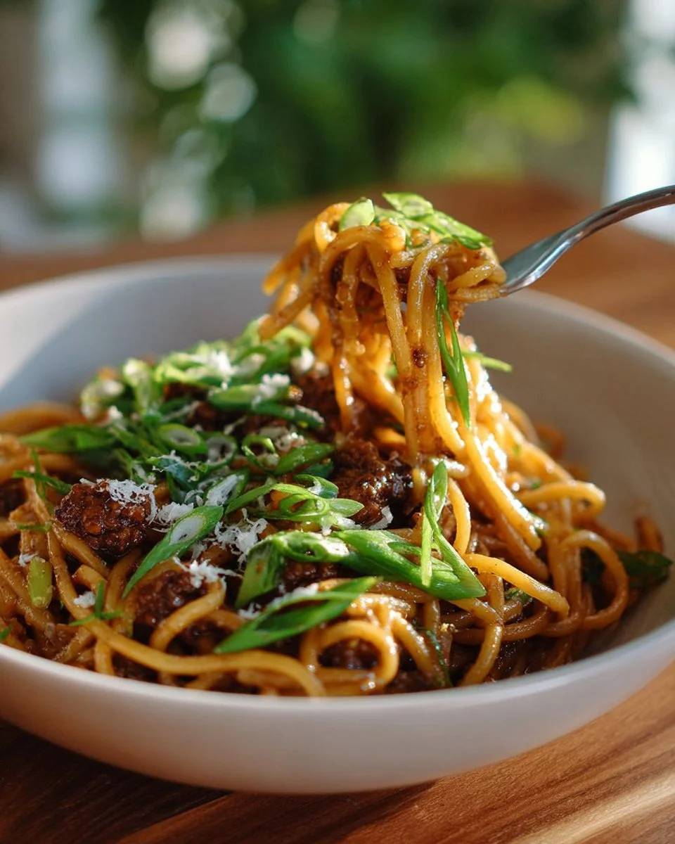 Bowl of Easy Mongolian Ground Beef Noodles garnished with green onions