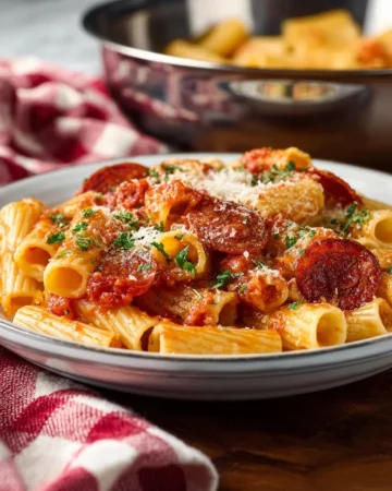 Bowl of easy pepperoni pizza pasta with cheese and herbs