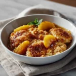Freshly baked Southern peach cobbler served in a rustic dish