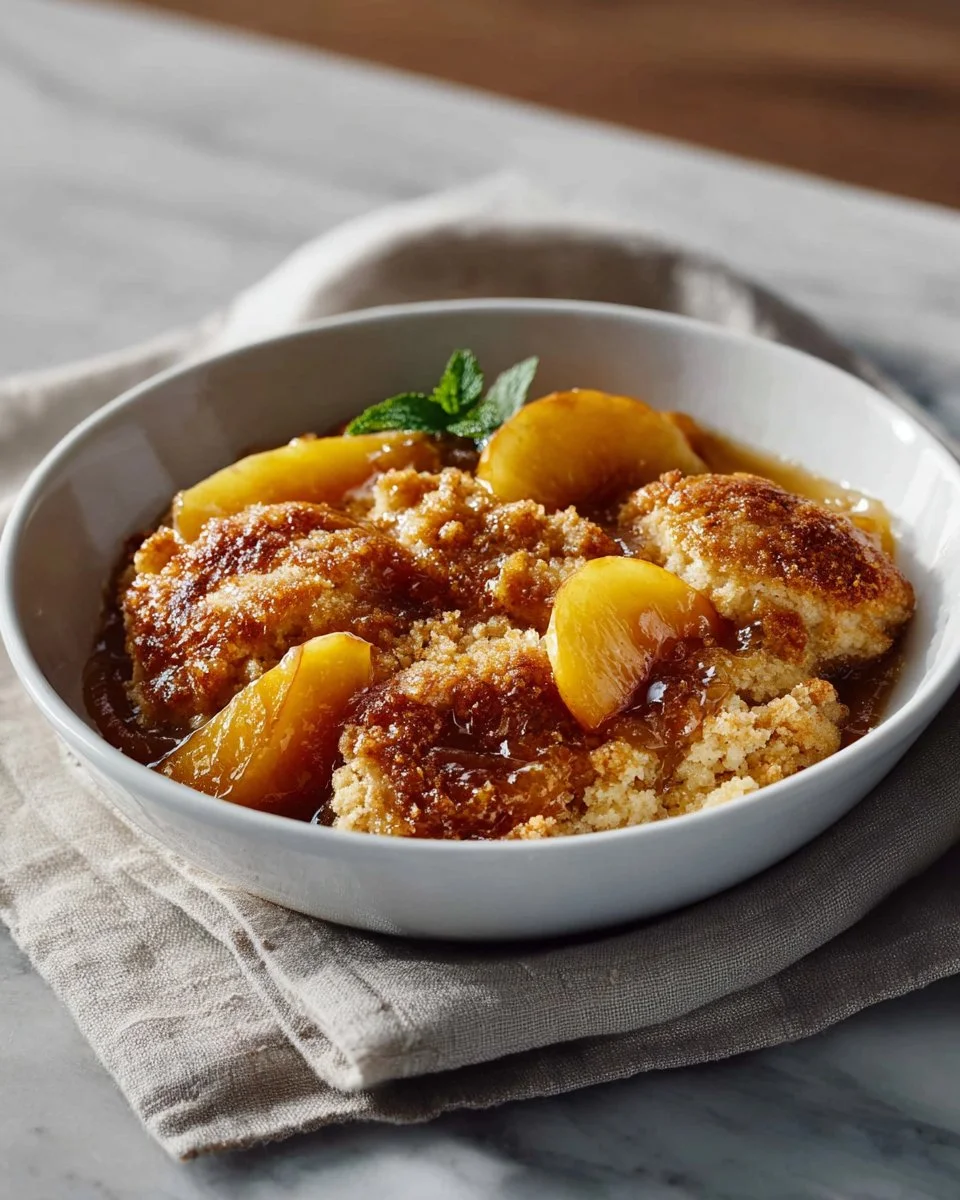 Freshly baked Southern peach cobbler served in a rustic dish