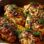 Juicy garlic butter baked chicken breast garnished with herbs