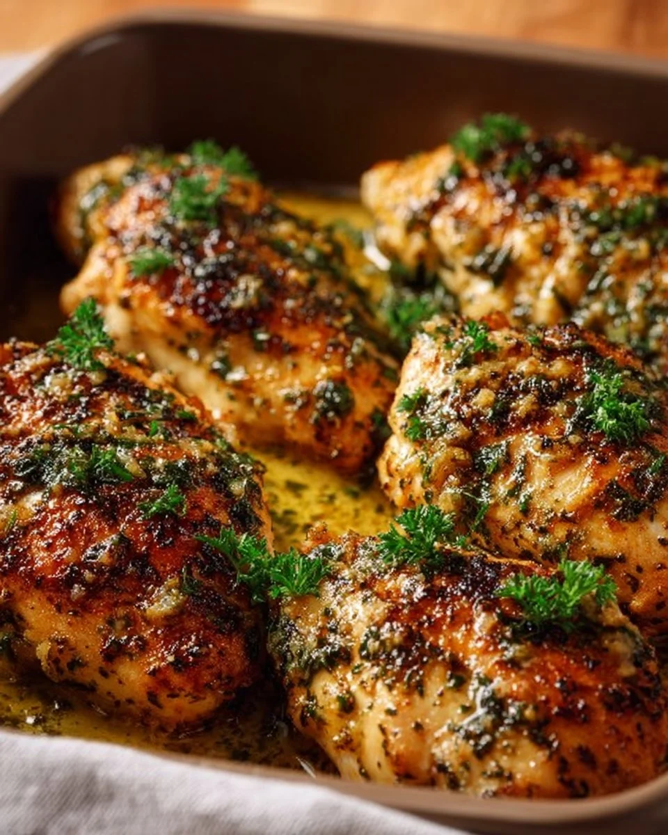 Juicy garlic butter baked chicken breast garnished with herbs