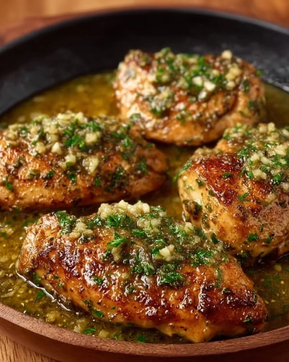 Delicious Garlic Butter Chicken served with herbs and vegetables