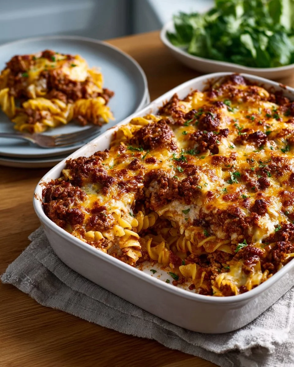 Delicious Grandma's Hamburger Casserole baked with cheese and pasta