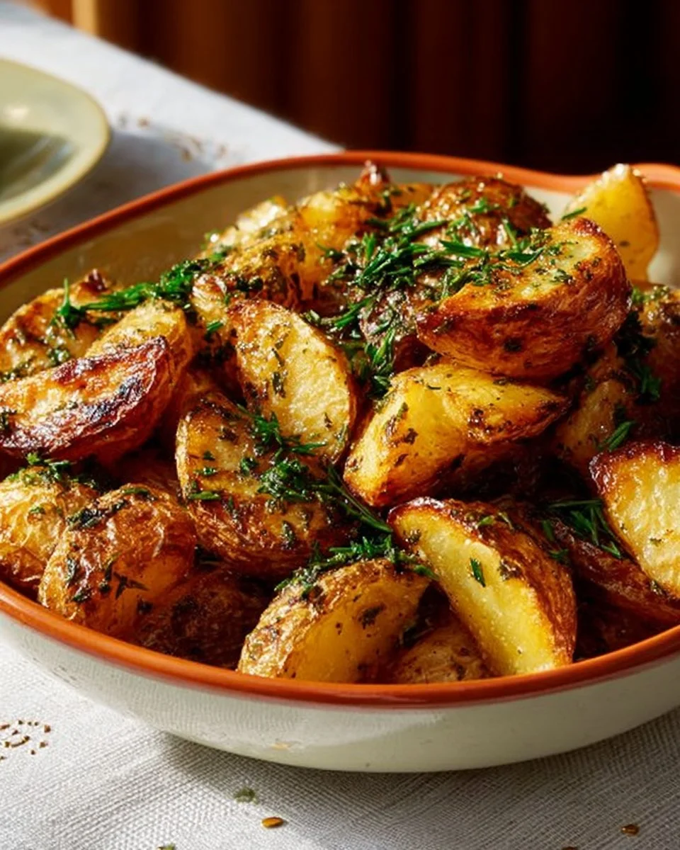 Delicious Greek Lemon Potatoes served with herbs and lemon slices.