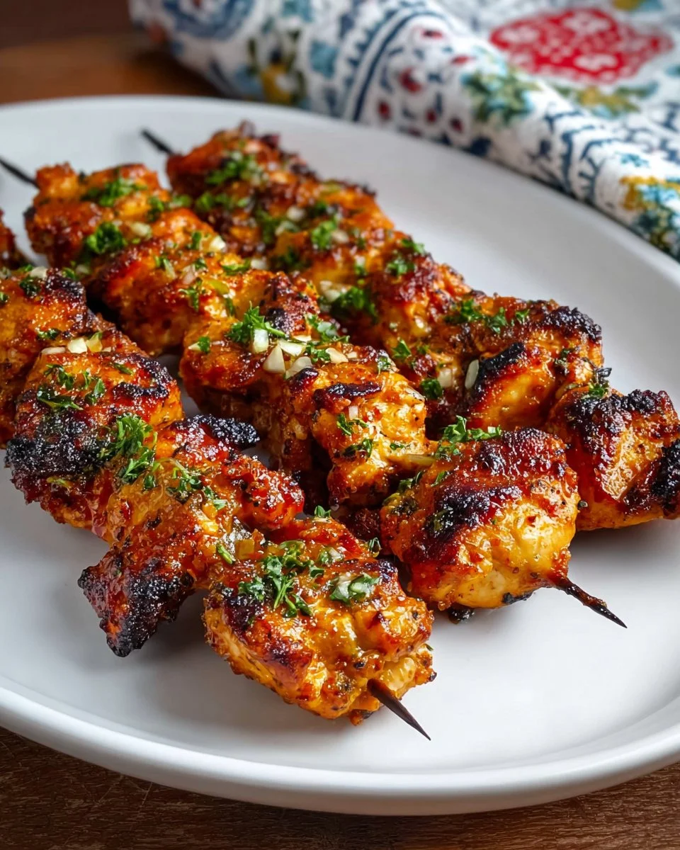 Grilled Harissa-Honey chicken skewers on a barbecue grill ready to serve.