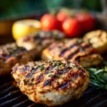 Grilled lemon chicken garnished with fresh herbs on a plate